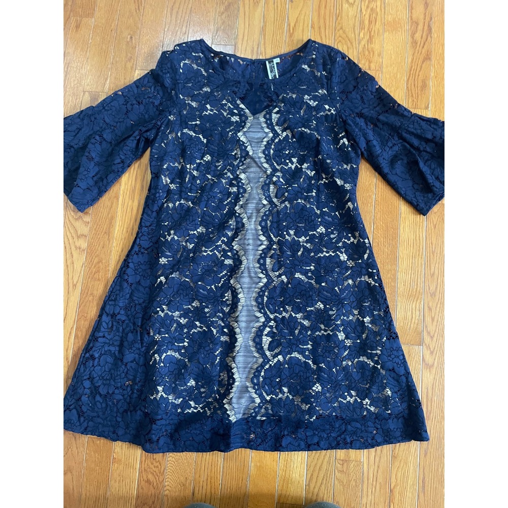Julian Taylor‎ Dress Womens Sz 16 Blue Lace Bell Sleeve Boho Peasant Lined Nylon
